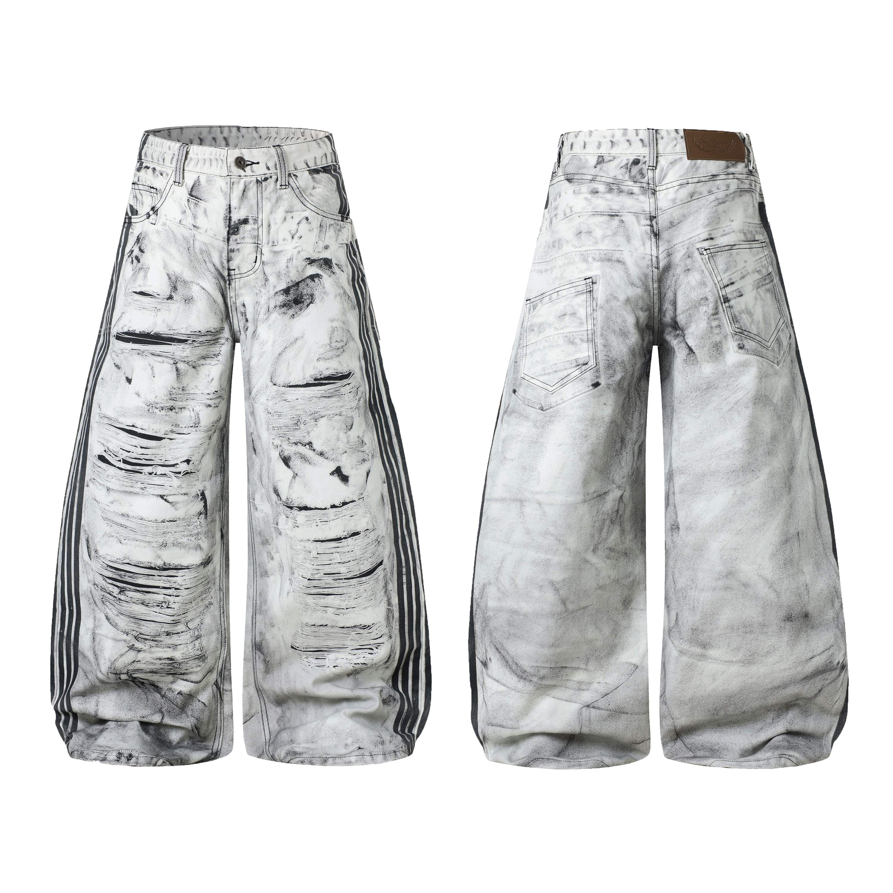 Front and back view of wide-leg distressed grey denim jeans with ripped panels and vertical side stripe accents