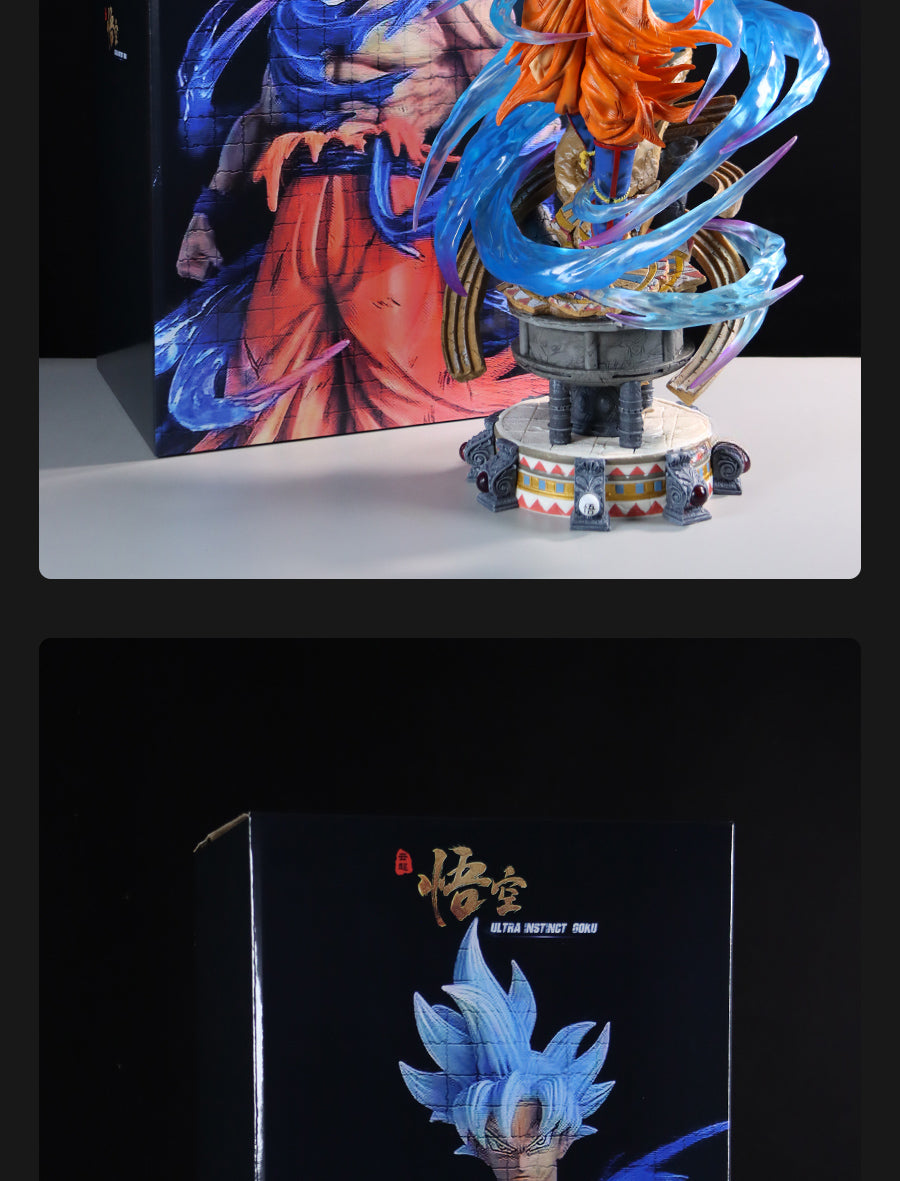 The Seakoff 49cm Goku Dual Head Collectible Figure, featuring both Super Saiyan Blue and Ultra Instinct heads, stands on a stone-like base with mystical swirls. The background showcases the box featuring Goku and Japanese text.