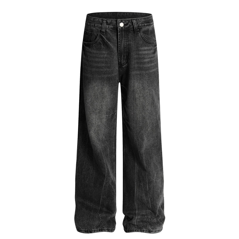 Black wide-leg jeans front view with subtle fading and classic five-pocket design