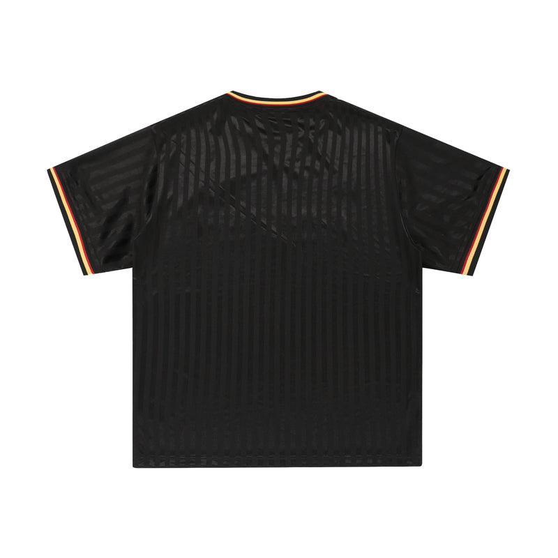 Black mesh soccer jersey tee with subtle stripes and red-yellow trim on the collar and sleeves, shown from the back