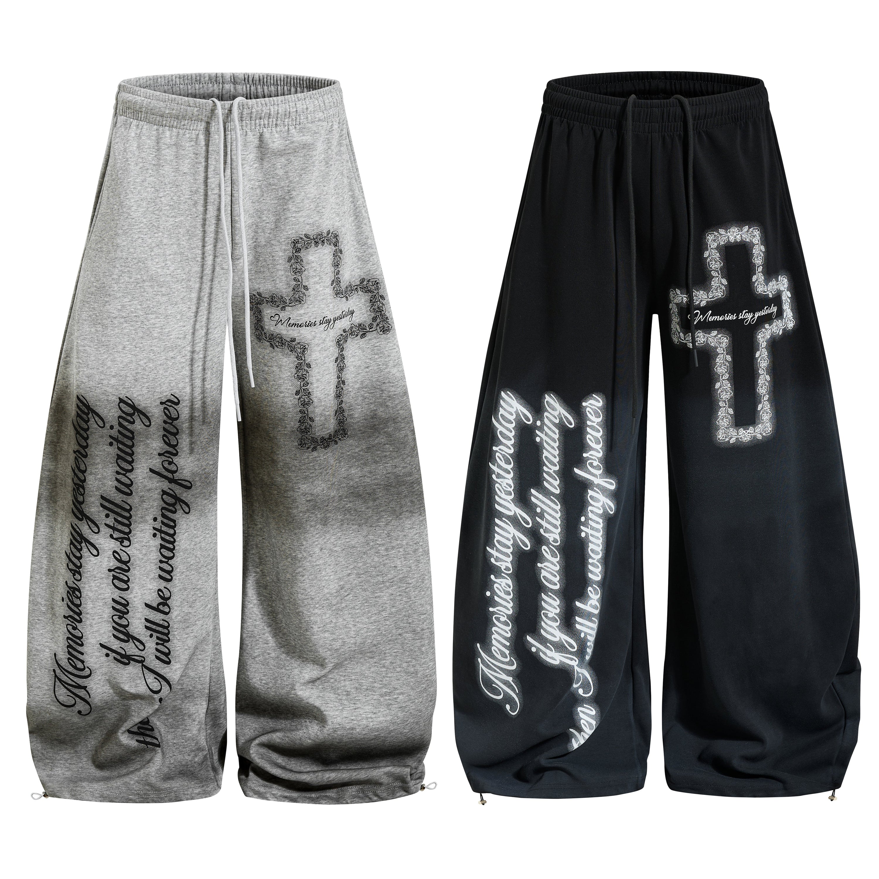 Gothic Cross Script Wide-Leg Sweatpants | Streetwear Joggers