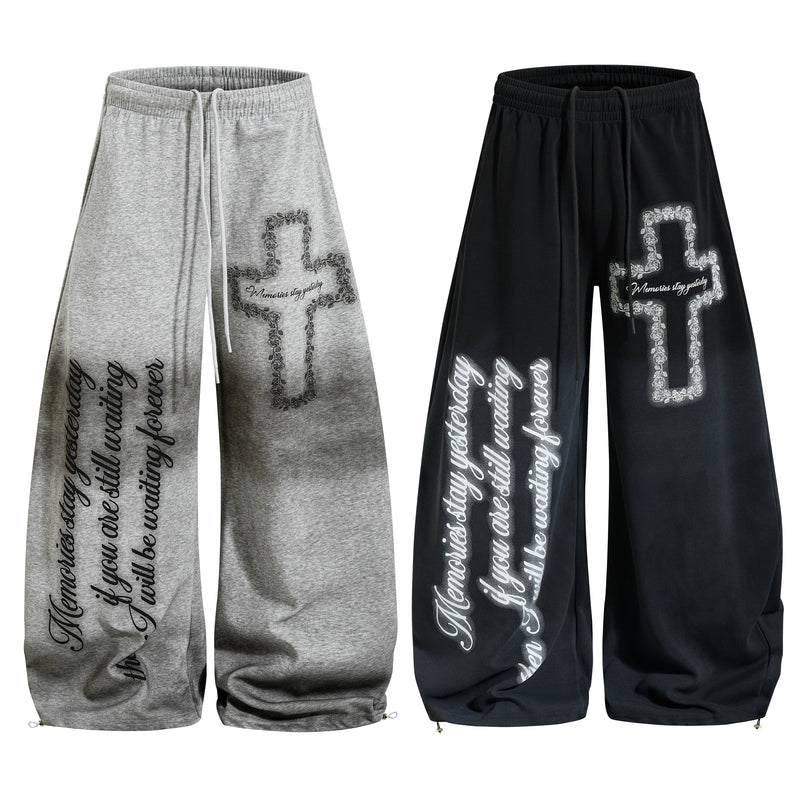 Gothic Cross Script Wide-Leg Sweatpants | Streetwear Joggers