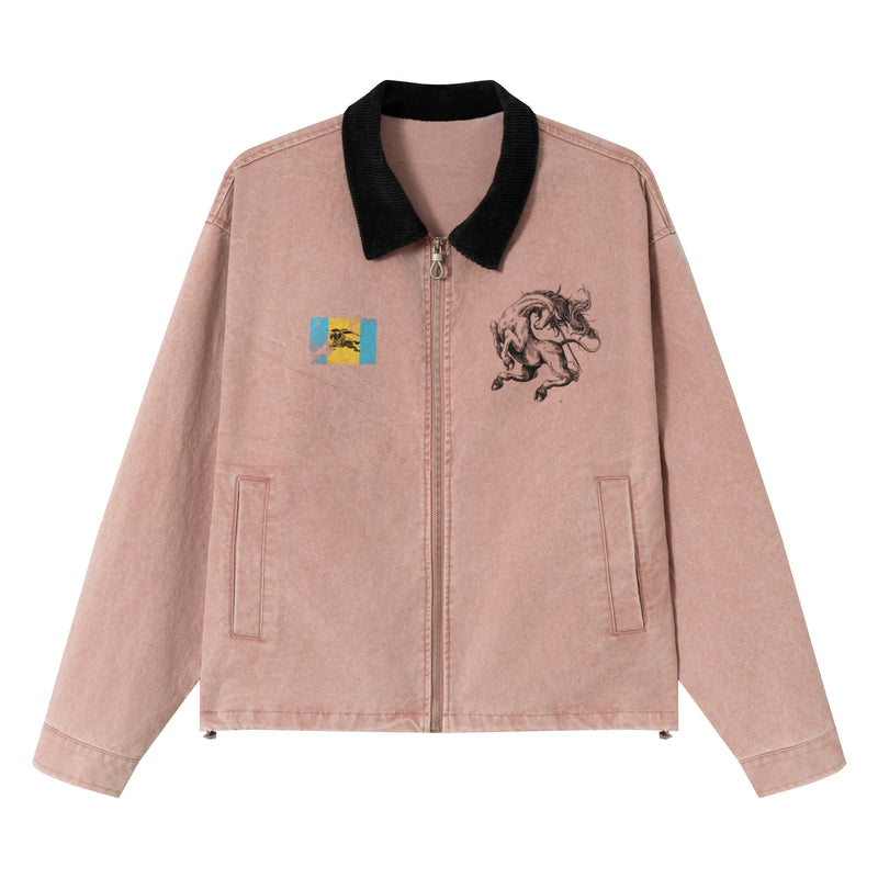 Omirad Washed Zip-Up Jacket | Corduroy Collar Streetwear