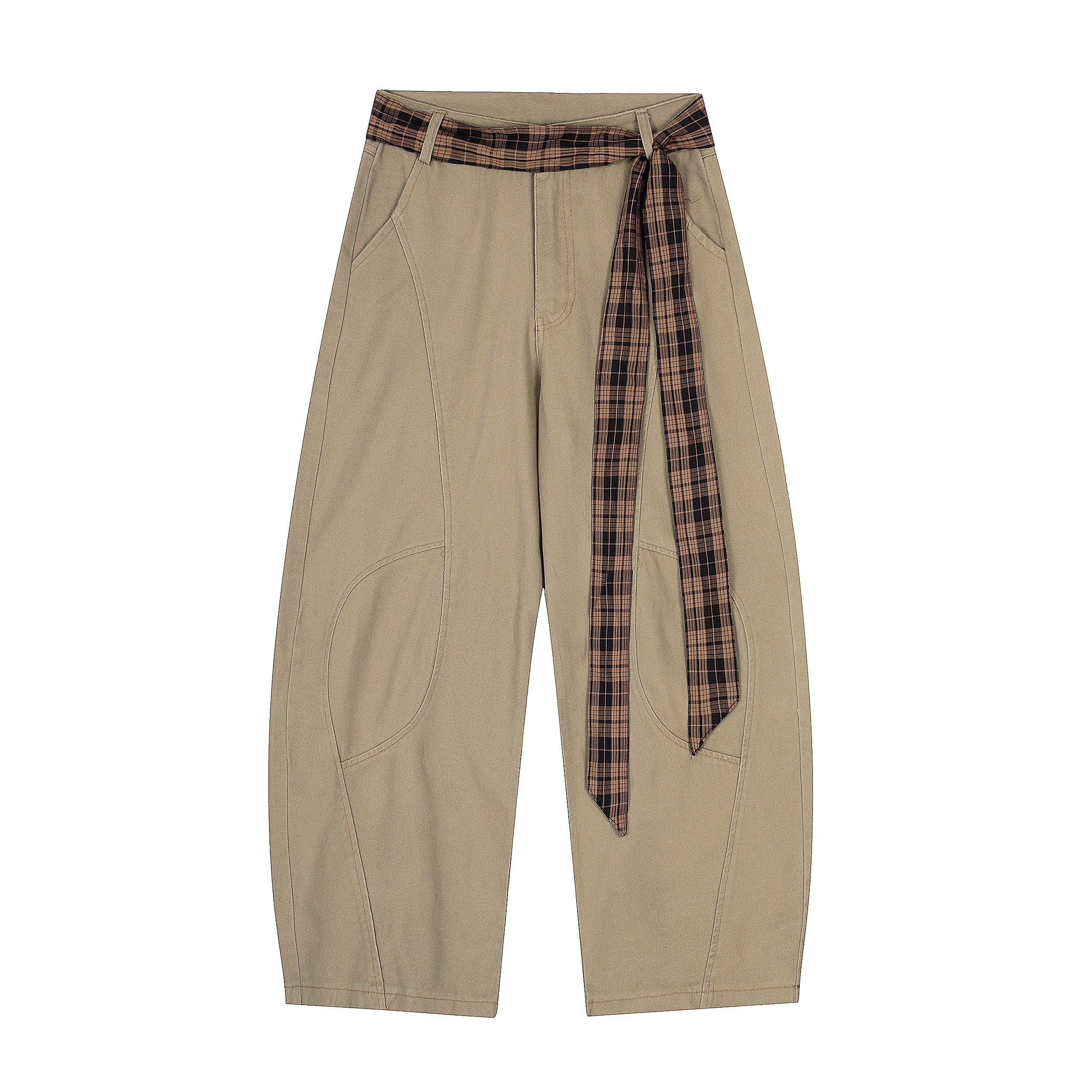 Plaid Tie-Belt Arc Wide-Leg Pants | 100% Cotton Streetwear