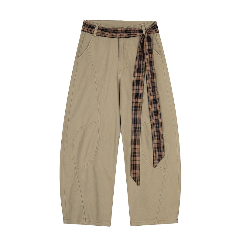 Plaid Tie-Belt Arc Wide-Leg Pants | 100% Cotton Streetwear