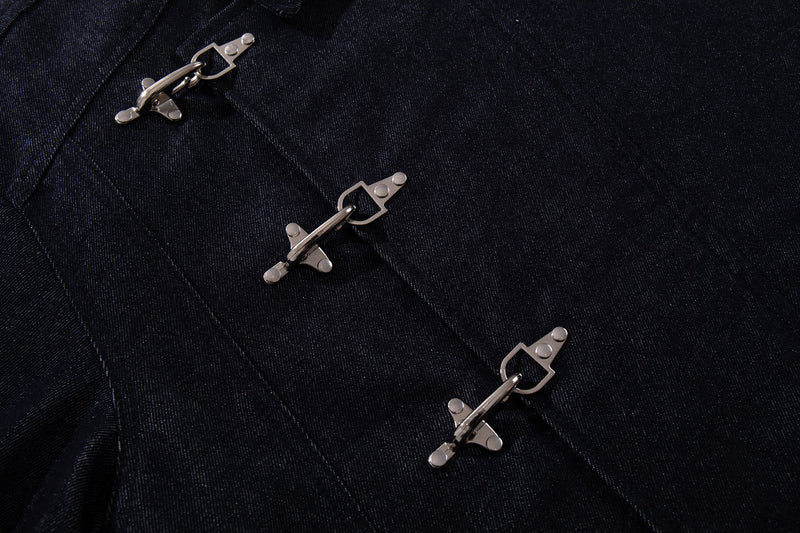 Men's Dark Indigo Denim Jacket with Metal Buckle Detail