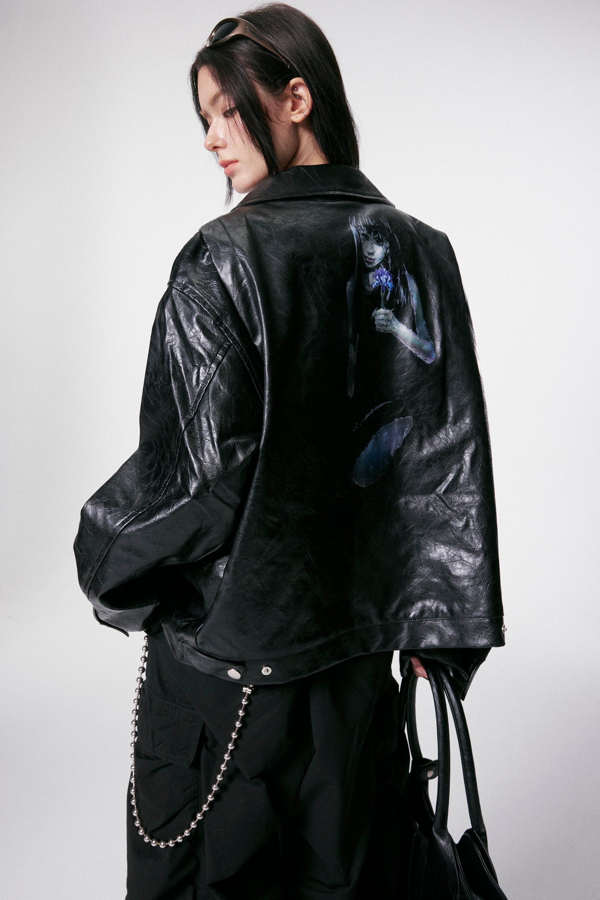 Omirad PU Leather Graphic Jacket | Black Crinkle Streetwear