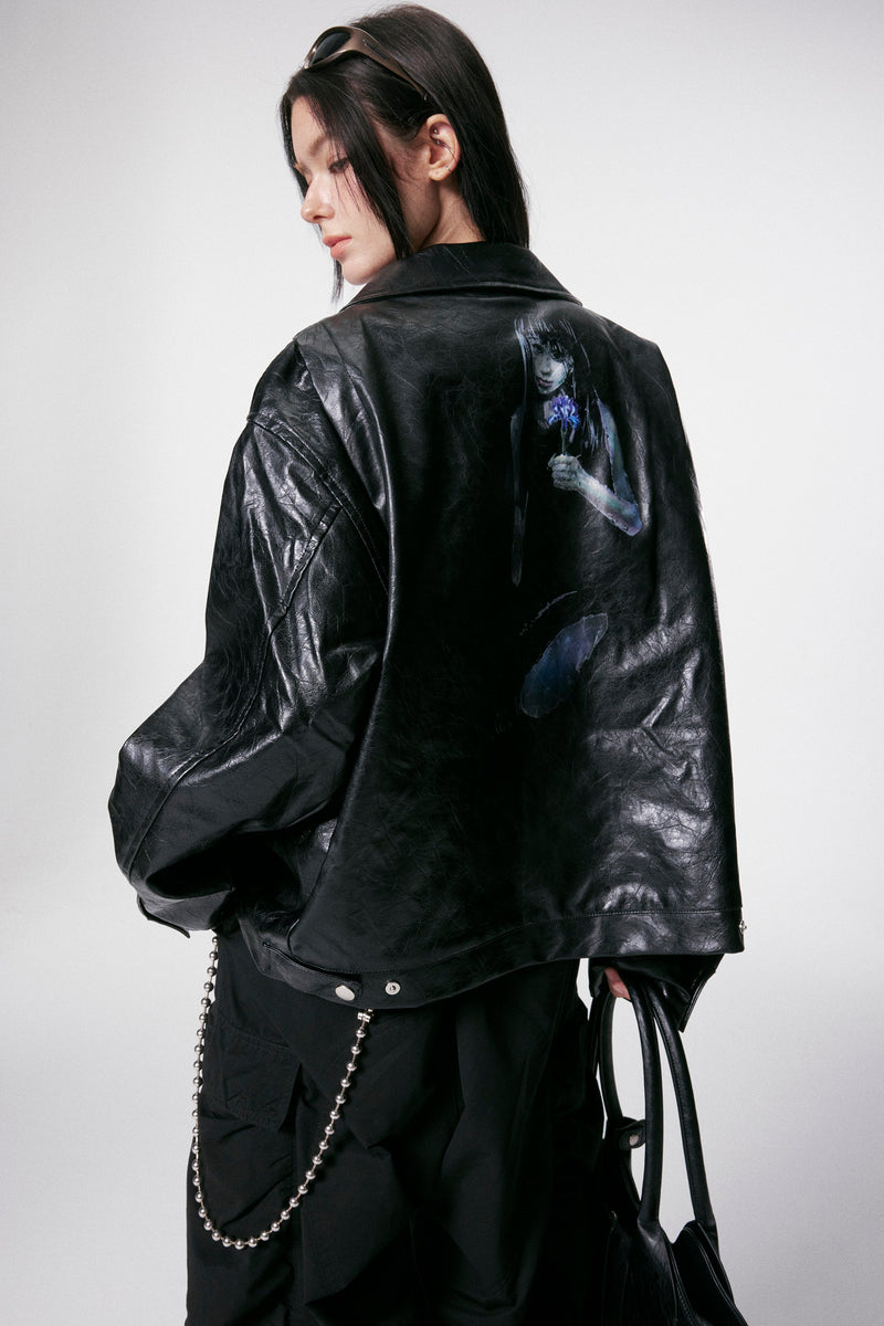 Omirad PU Leather Graphic Jacket | Black Crinkle Streetwear