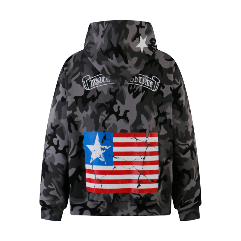 Back view of black and gray camo hoodie with white star graphic and large flag print