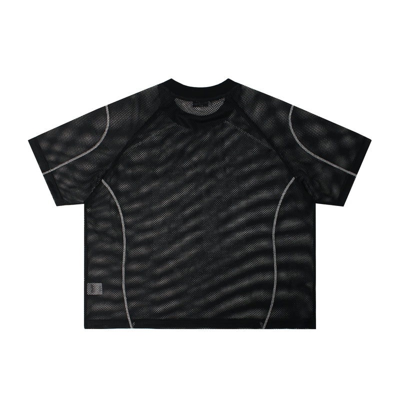 Black mesh jersey tee with short sleeves and contrast seam detailing on a white background