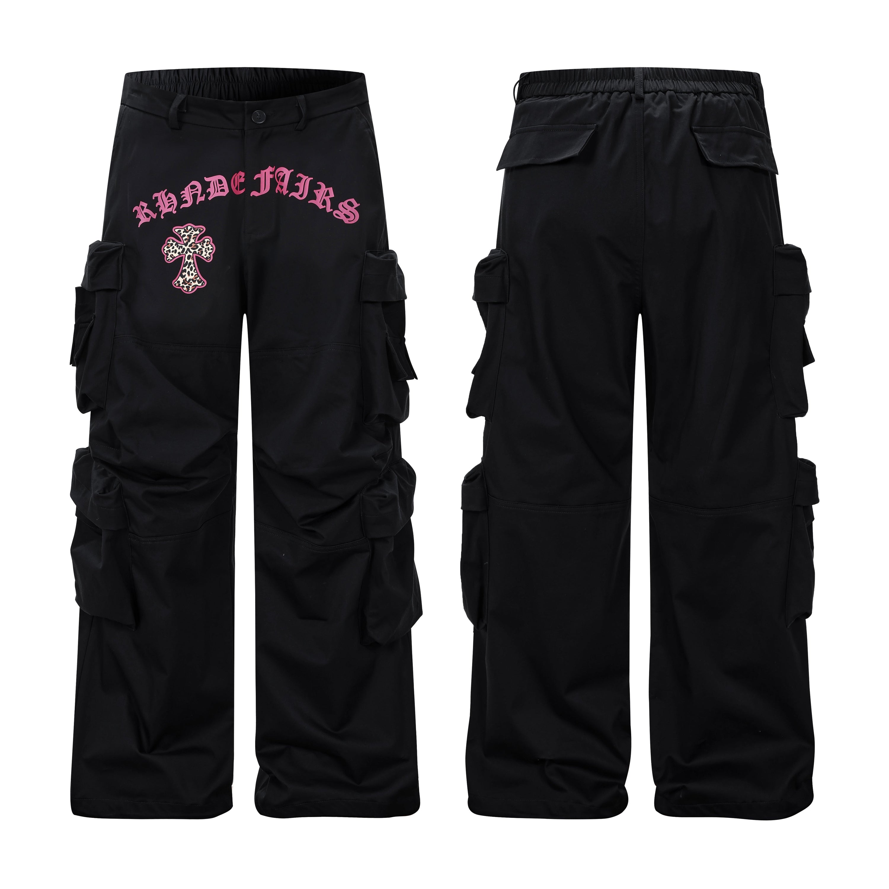 Black wide-leg cargo pants with pink old-English lettering and leopard cross graphic, front and back view