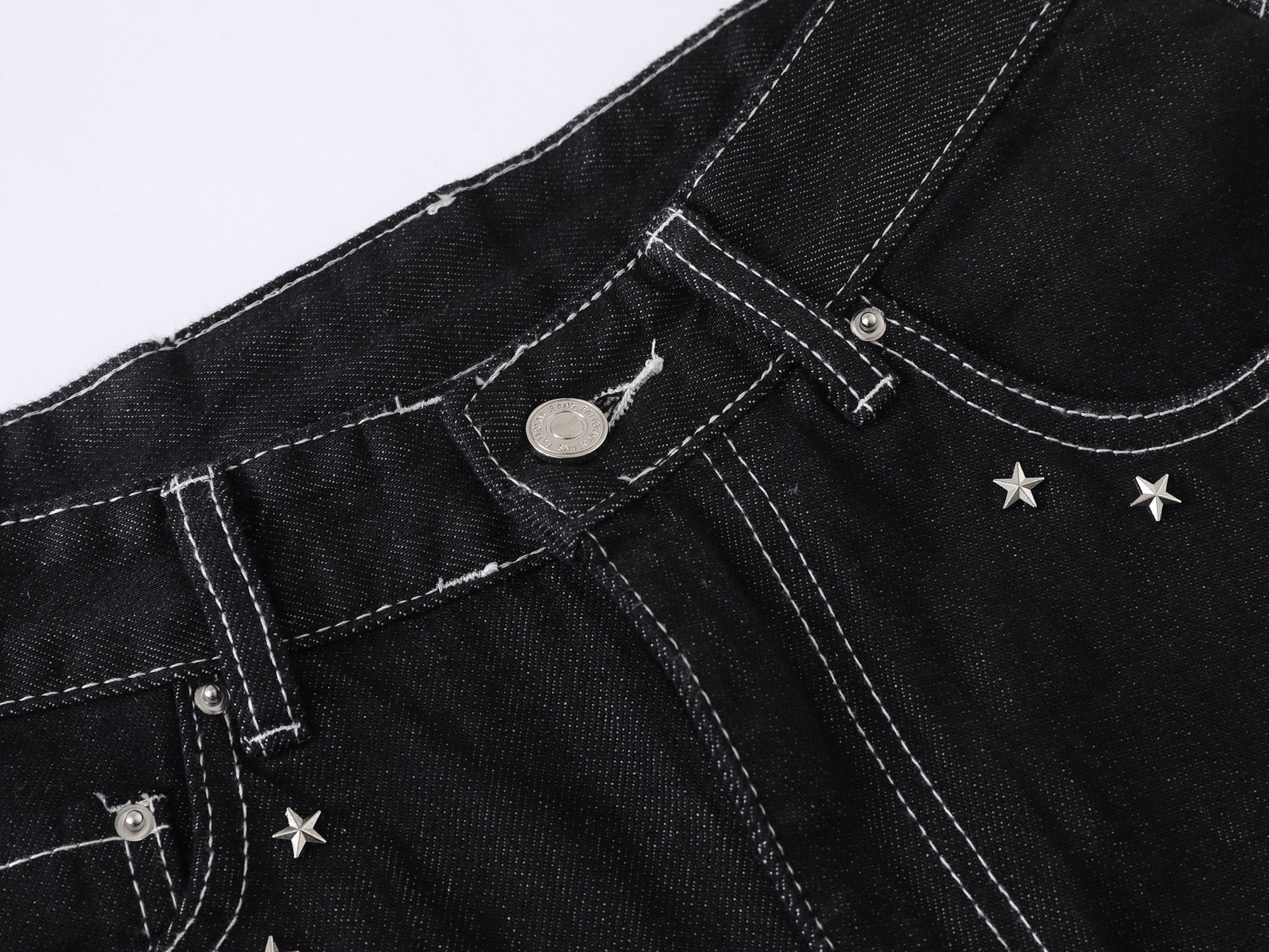 Angel Wing Wide-Leg Black Denim Jeans | Streetwear Barrel Fit