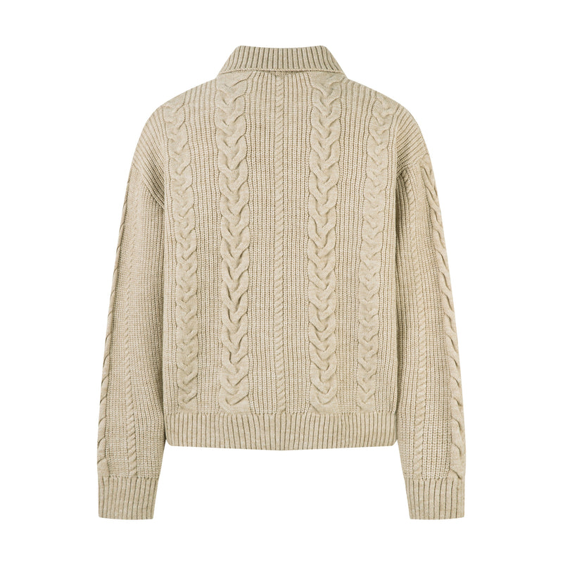 Back view of beige cable knit sweater jacket with ribbed collar and long sleeves