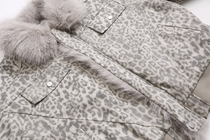 Leopard Print Faux Fur Collar Bomber Jacket | SEAKOFF