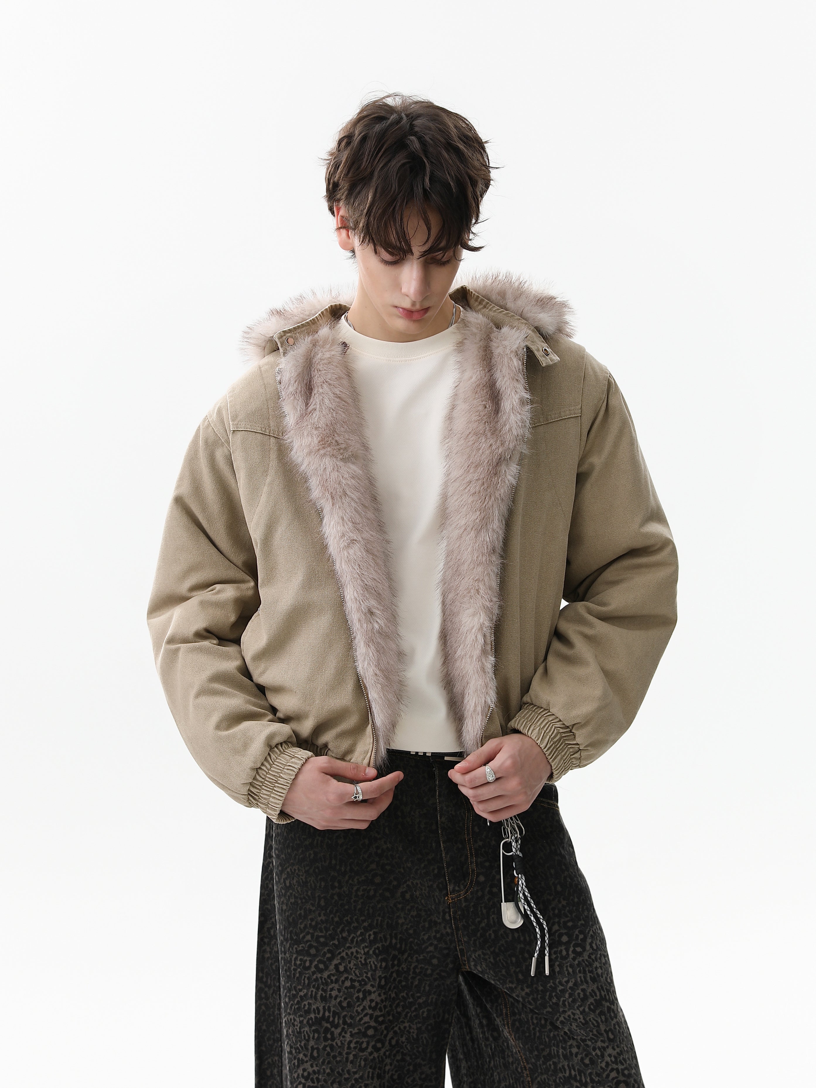 Detachable Fur Collar Washed Workwear Bomber Jacket
