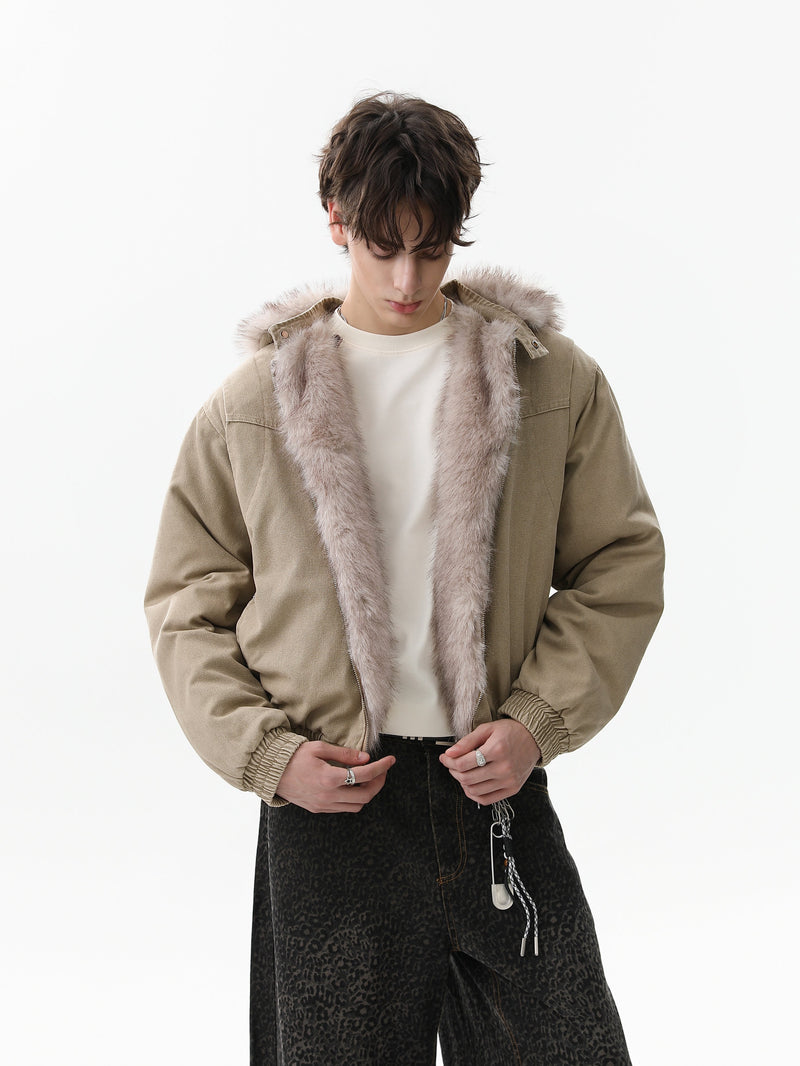 Detachable Fur Collar Washed Workwear Bomber Jacket