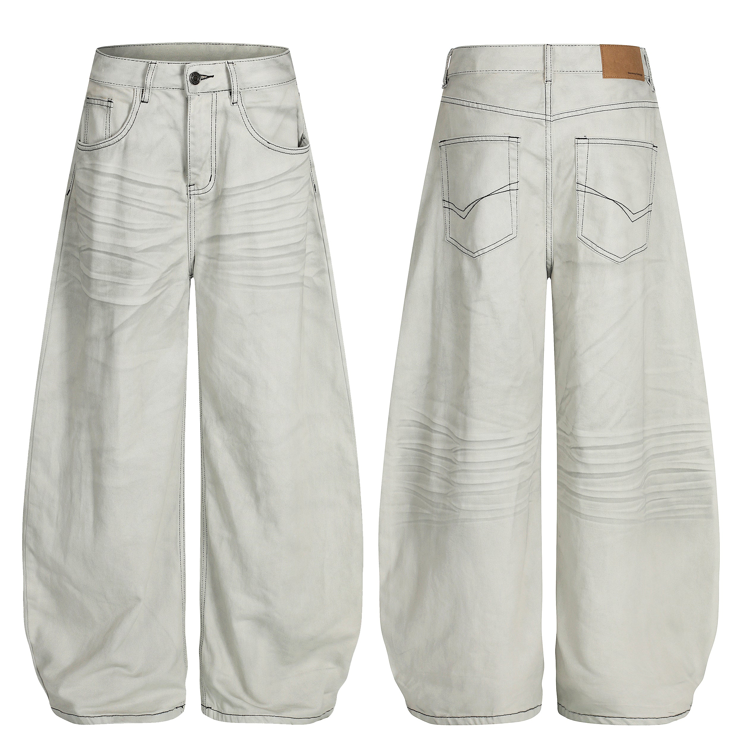 Front and back view of Omirad off-white ultra wide-leg jeans with dark contrast stitching and five-pocket design