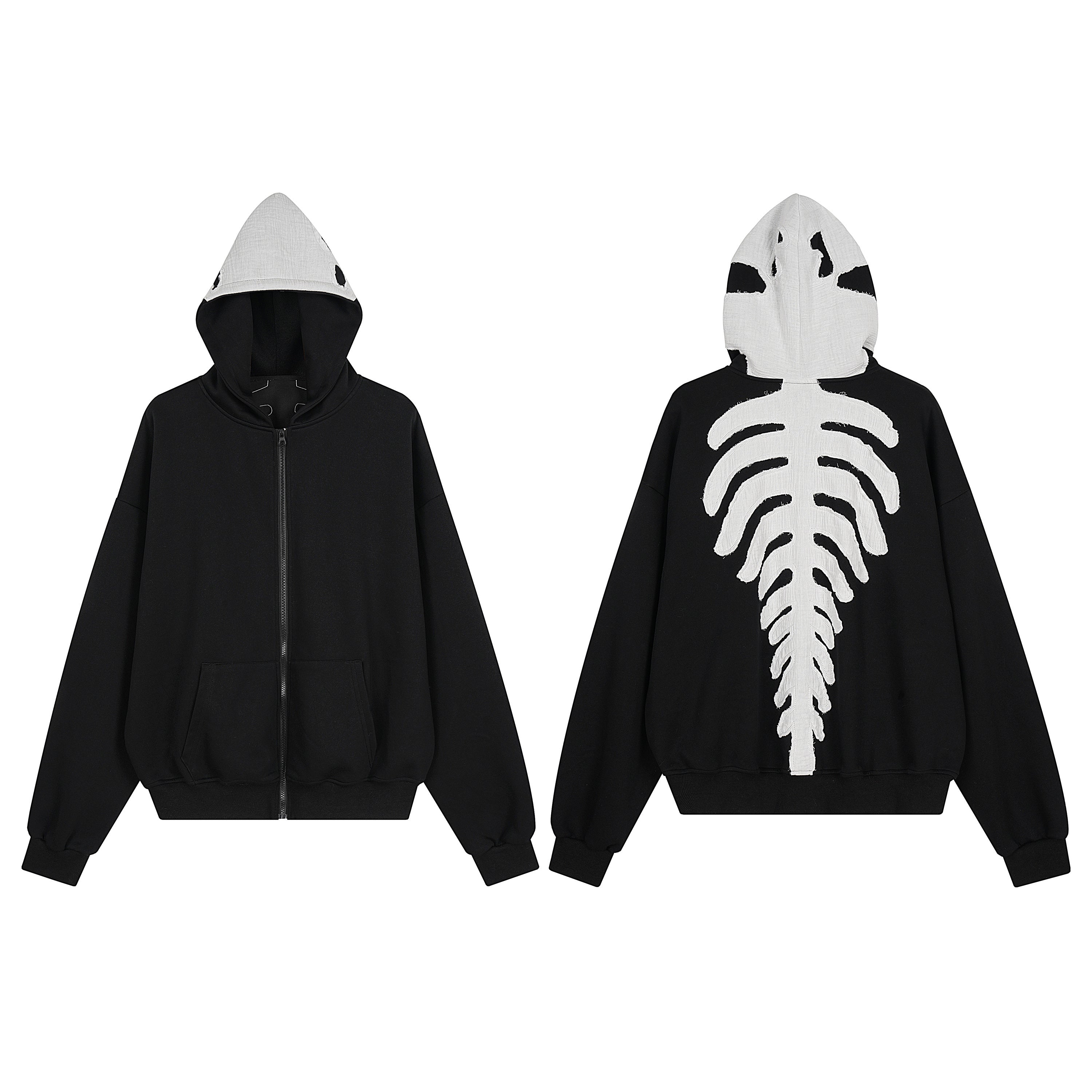Black zip-up hoodie with white skeleton ribcage graphic on back and pointed white hood, front and back view