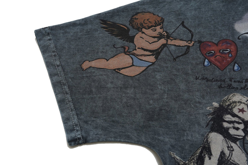 Vintage wash dark gray graphic tee with cherub archer and crying heart print close-up on sleeve seam