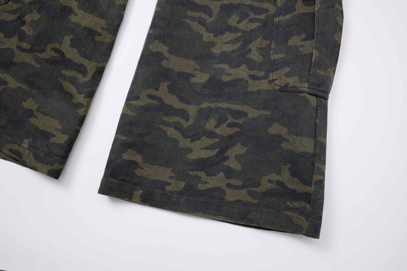 Close-up of camo wide-leg pant legs showing straight cut and hem