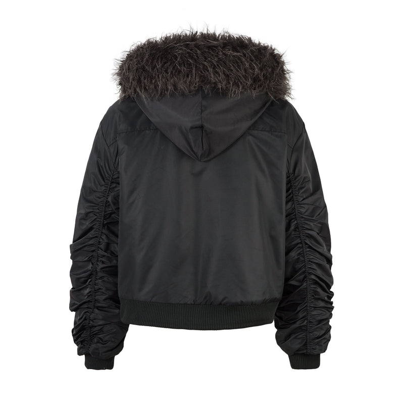 Omirad Toggle-Lock Faux Fur Hood Bomber Jacket | Black