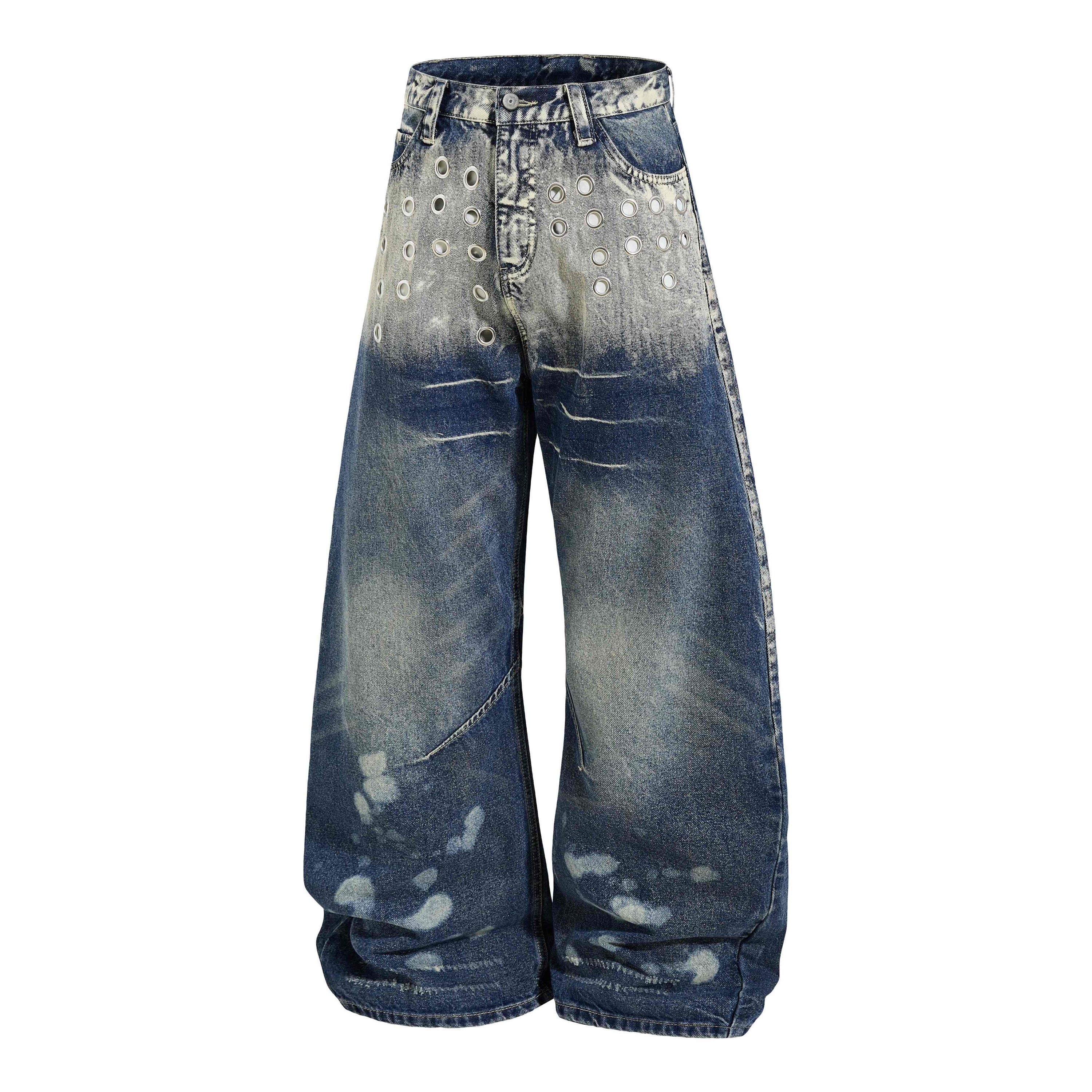 Omirad Grommet Washed Balloon Jeans | Distressed Wide-Leg Denim