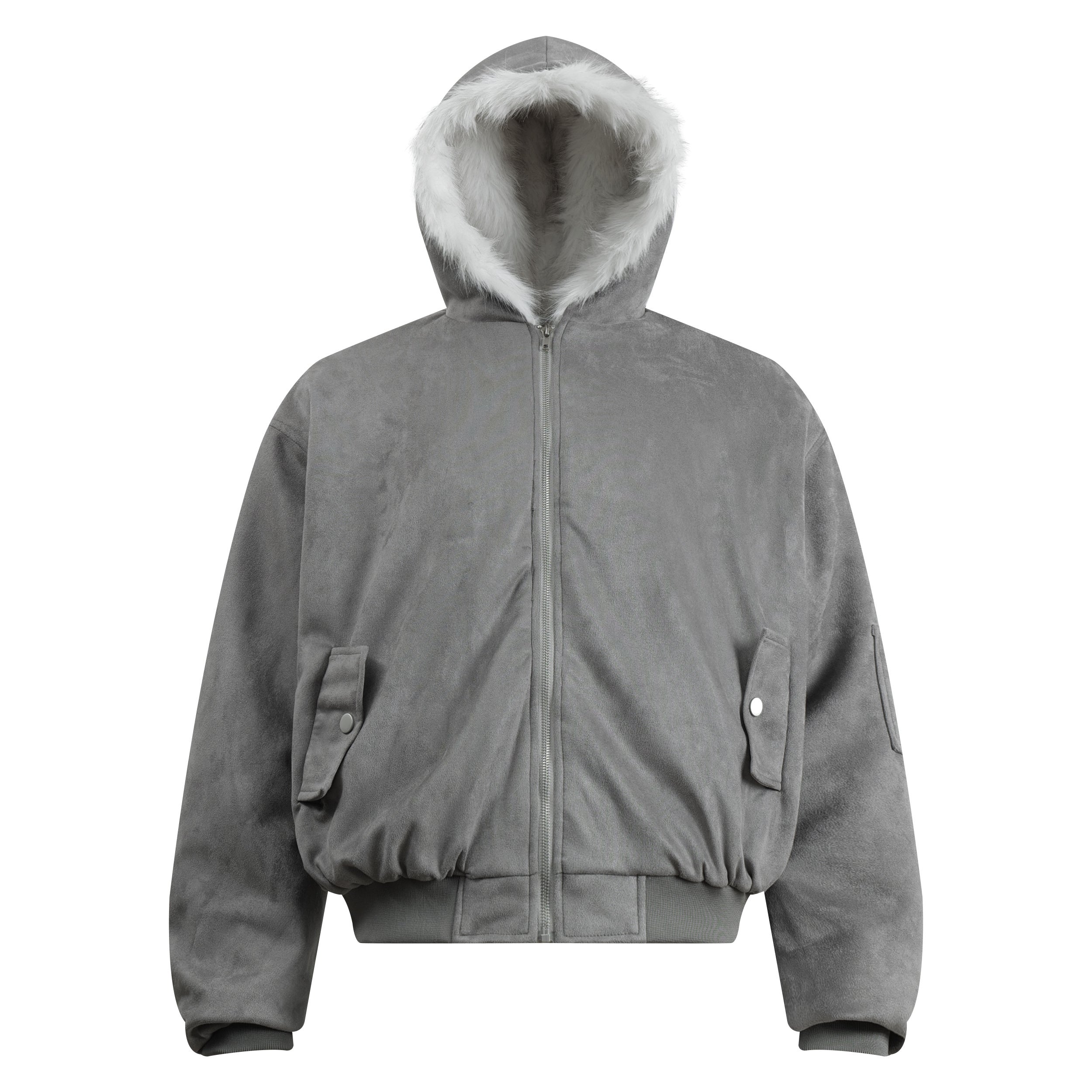 Faux-Fur Lined Suede Hoodie Bomber Jacket | Omirad