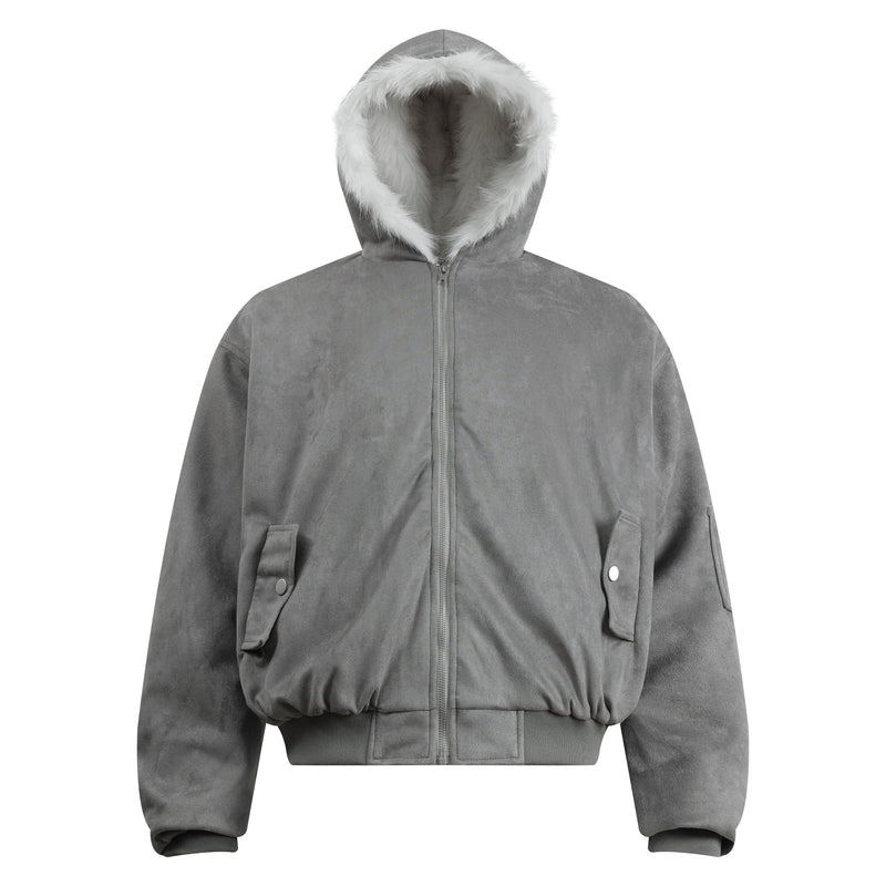 Faux-Fur Lined Suede Hoodie Bomber Jacket | Omirad