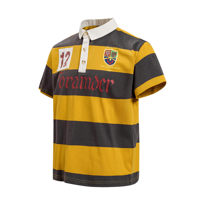 Yellow and black striped rugby polo shirt with white collar, crest patch, and vintage number 12 detail