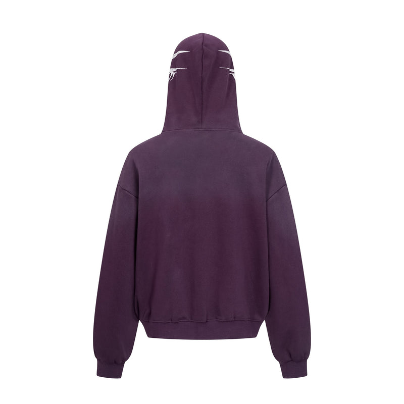 Back view of purple oversized zip hoodie with hood up and white graphic accents