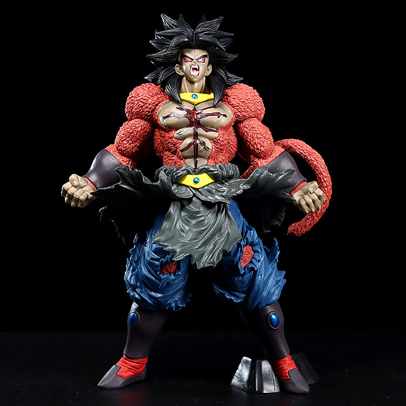 Seakoff presents the Super Saiyan Broly Collectible Figure, a premium Dragon Ball Z action figure showcasing a muscular character with spiky black hair, red fur on the torso and arms, and a long tail. Features tattered blue pants and brown boots against a black background. Stands at 33cm.