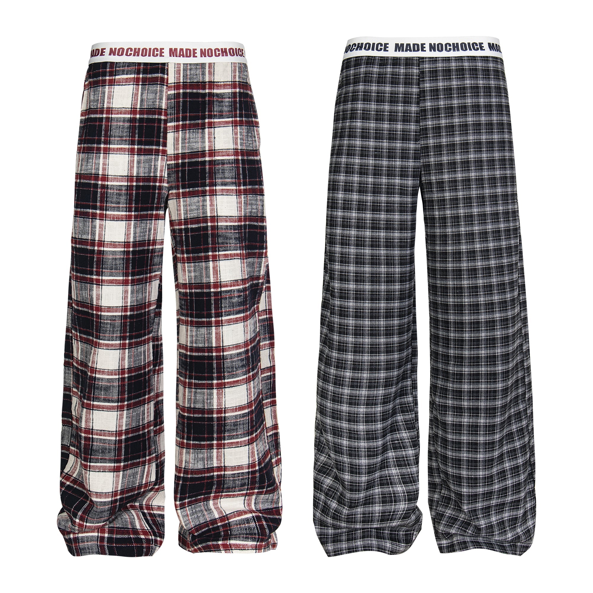 Front and back view of Made No Choice plaid wide-leg lounge pants in navy burgundy cream and black grey colorways