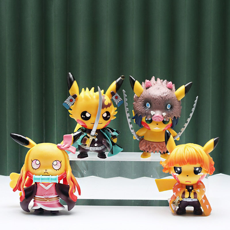 The Demon Slayer Pikachu 4-piece set features 9cm Cosplay Pikachu action figures styled as characters from &quot;Demon Slayer: Kimetsu no Yaiba,&quot; displayed on a tiered stand against a dark green curtain. Each figure uniquely resembles iconic anime characters.