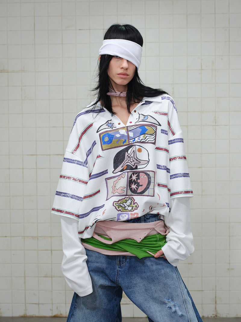 Model wearing white long-sleeve polo shirt with abstract graphic print, front view