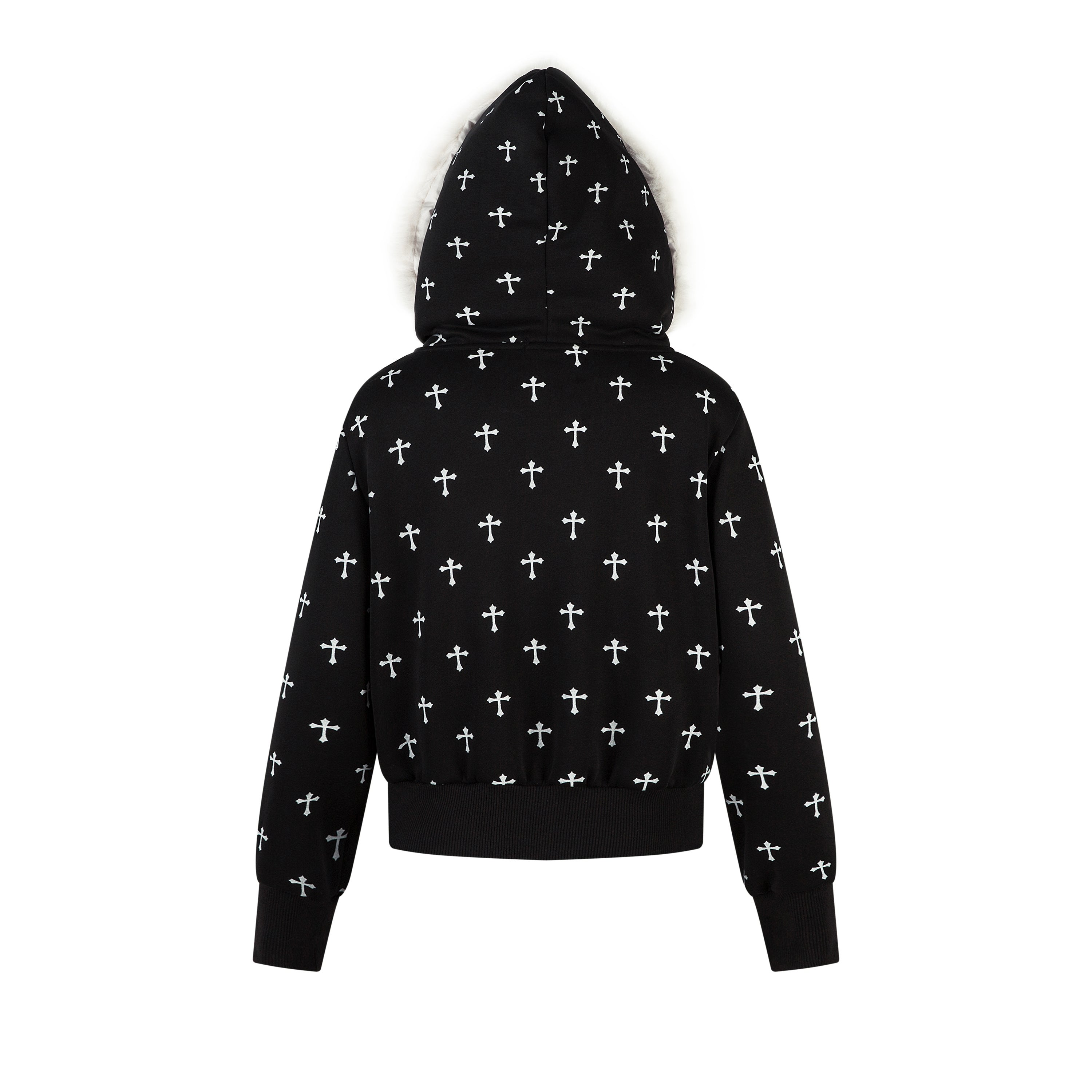 Gothic Cross Print Faux Fur Hooded Bomber Jacket