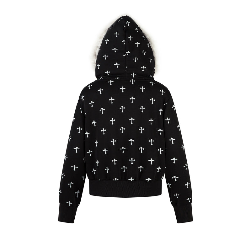 Black faux fur hooded bomber jacket with white cross print, back view