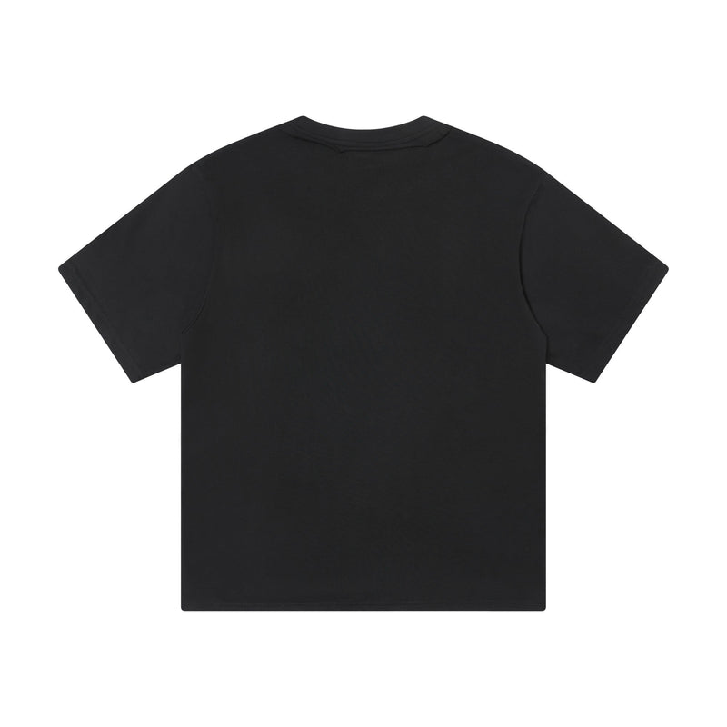 Black deconstructed collar tee with oversized short sleeves and minimalist streetwear design on a white background