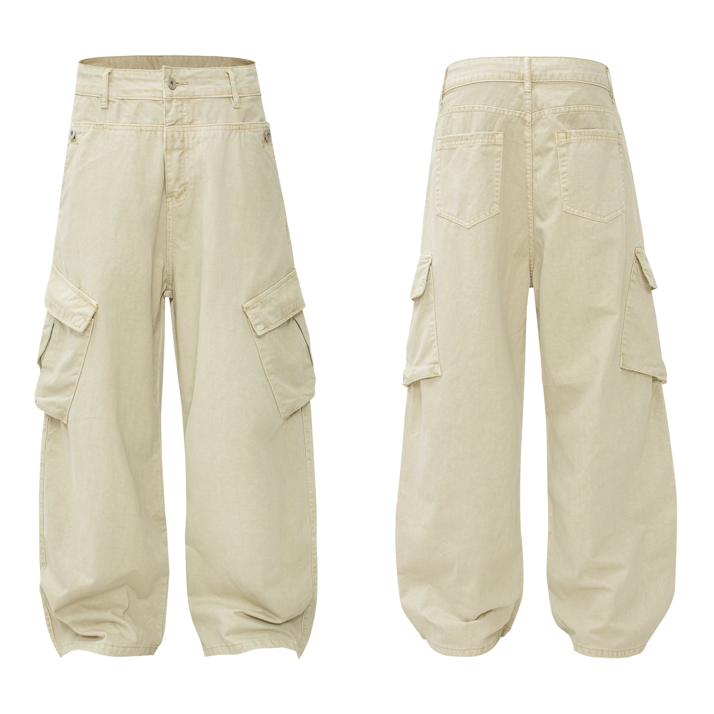 Front and back view of beige wide leg cargo pants with oversized flap pockets and gathered hems on a white background
