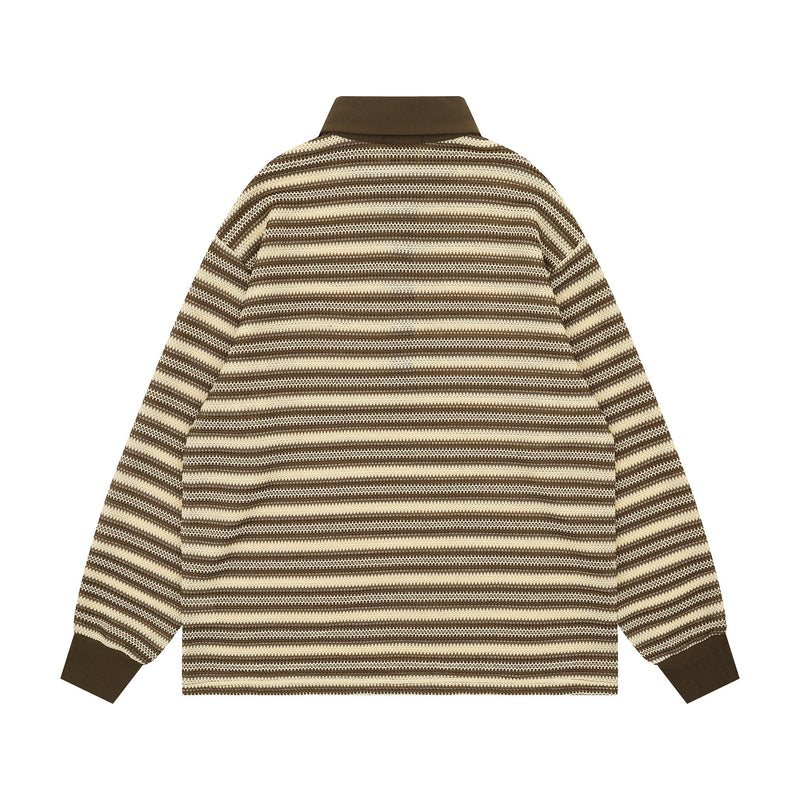 Back view of brown and cream striped knit long-sleeve polo with solid brown collar and cuffs
