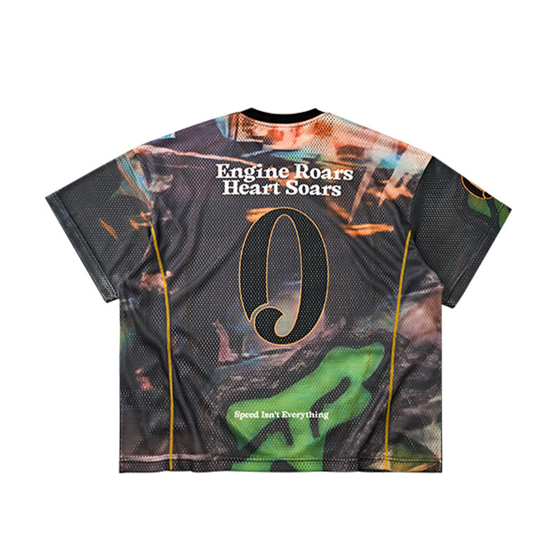 Black racing mesh jersey with bold back graphic, yellow side piping, and engine roars heart soars text