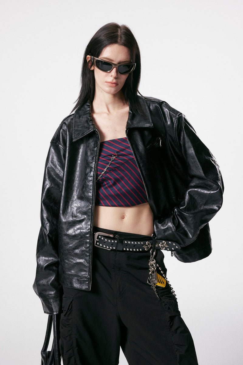 Omirad PU Leather Graphic Jacket | Black Crinkle Streetwear