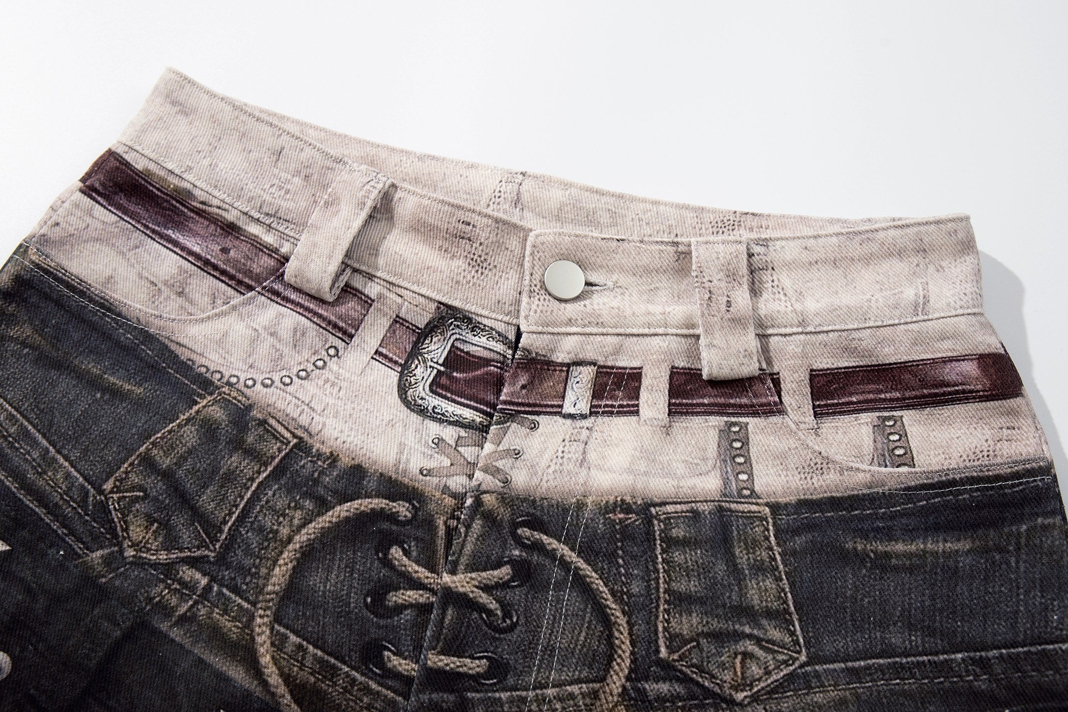 Omirad Layered Distressed Patch Wide-Leg Denim Pants