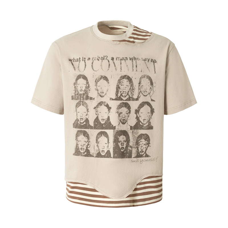 Beige layered graphic tee with striped underlayer and faded No Comment portrait print, streetwear style