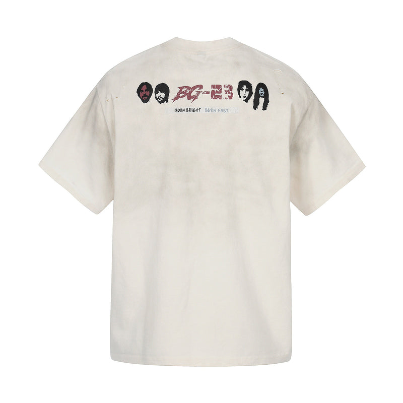 Vintage cream distressed band tee with back graphic, logo text, and faded face prints on a loose short-sleeve shirt
