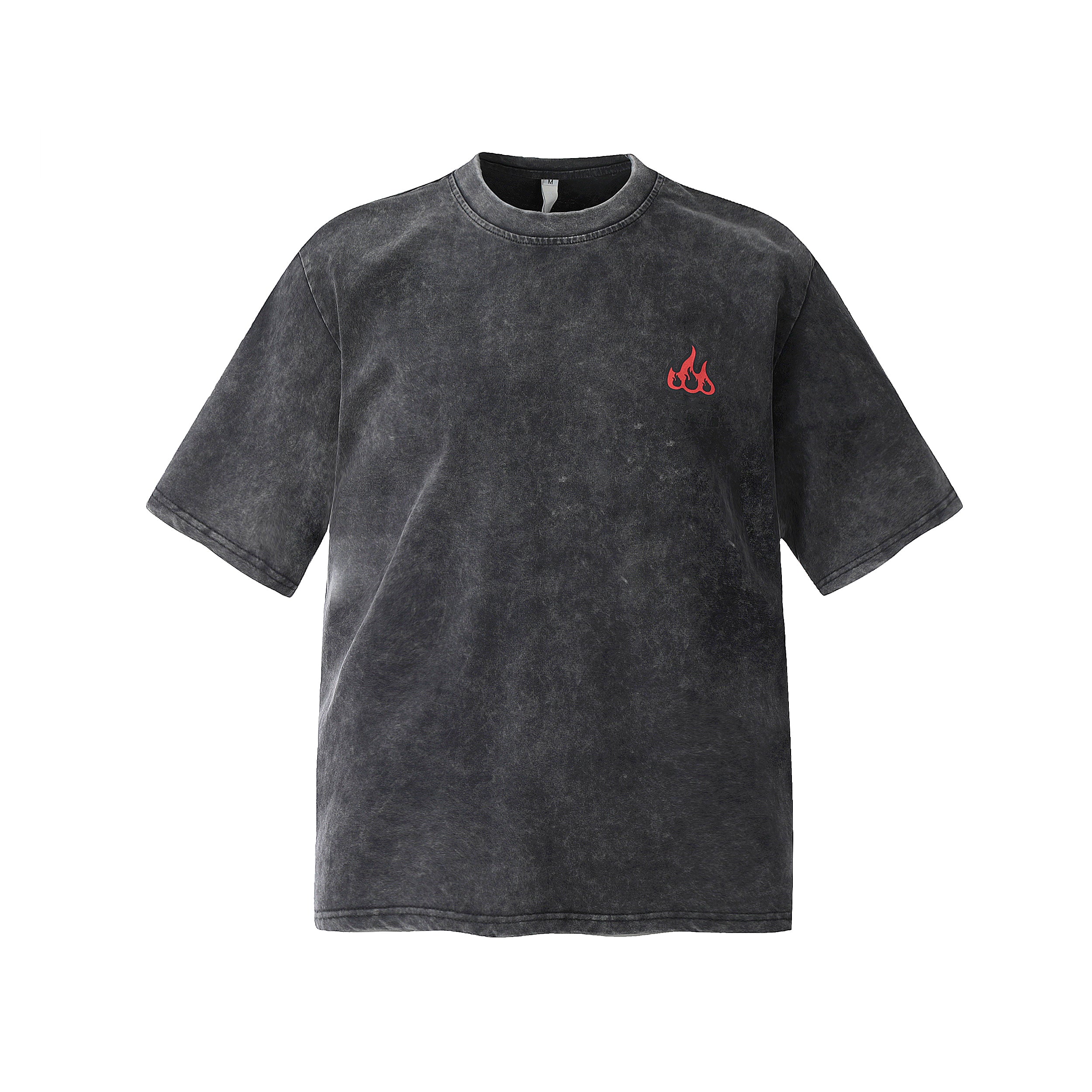 Acid-washed charcoal oversized cotton t-shirt with red flame graphic on the left chest, laid flat on white background