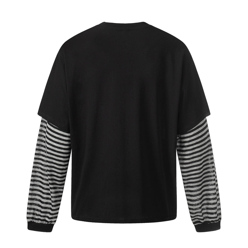 Black long sleeve tee with gray striped sleeves, back view