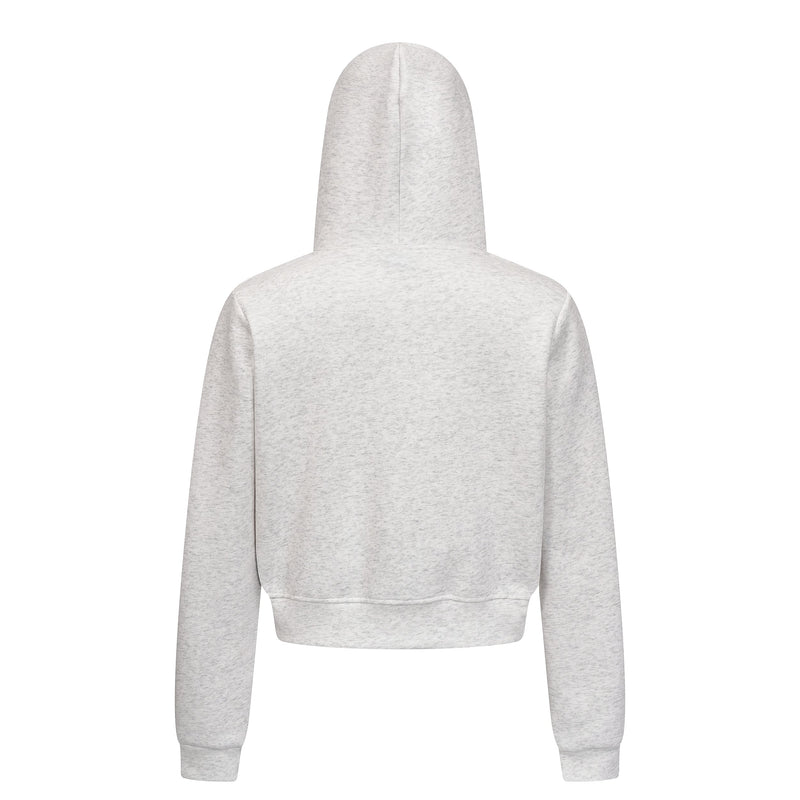 Light gray cropped zip hoodie back view with hood up and plain solid back