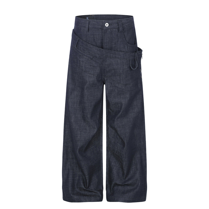 Dark raw denim wide-leg jeans with layered crossover waist, front view