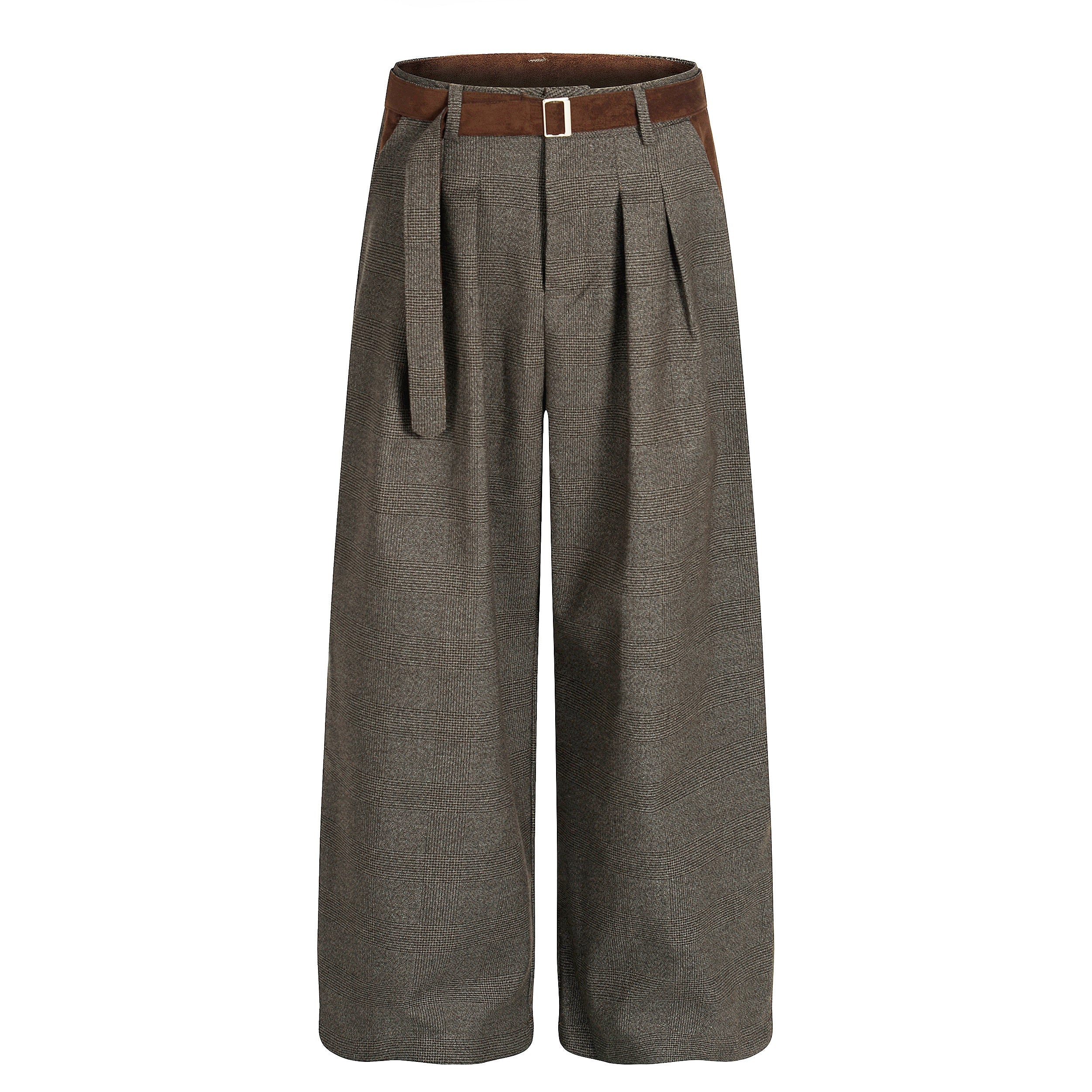 Wide-Leg Plaid Suit Trousers with Suede Trim & Belt