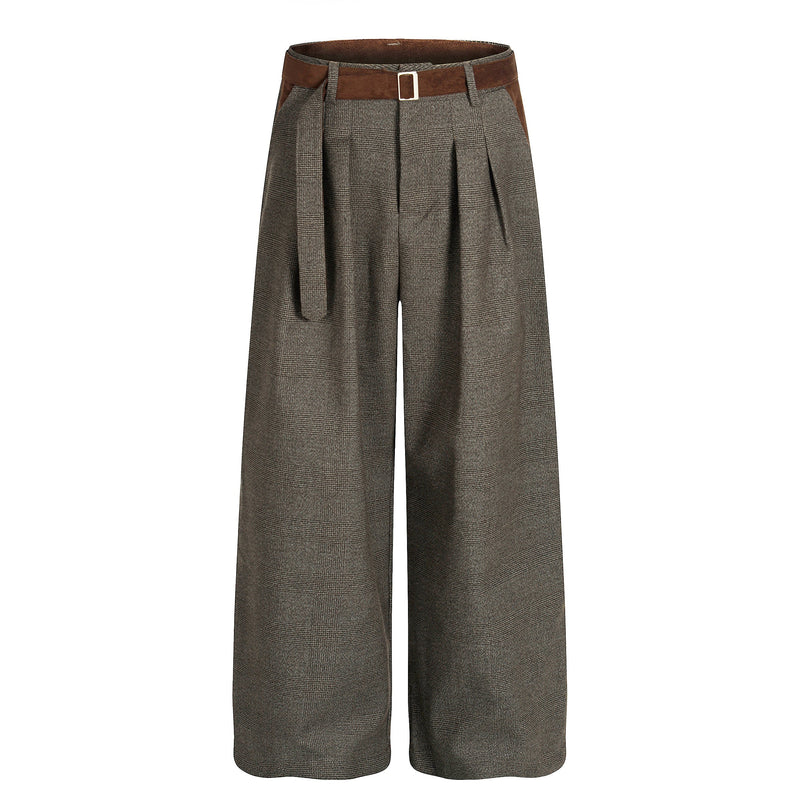 Wide-Leg Plaid Suit Trousers with Suede Trim & Belt